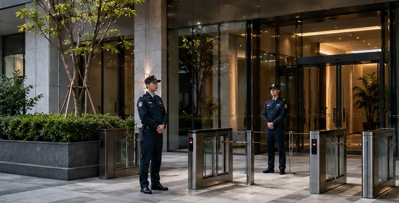 保全人員於現代大樓入口門禁執勤